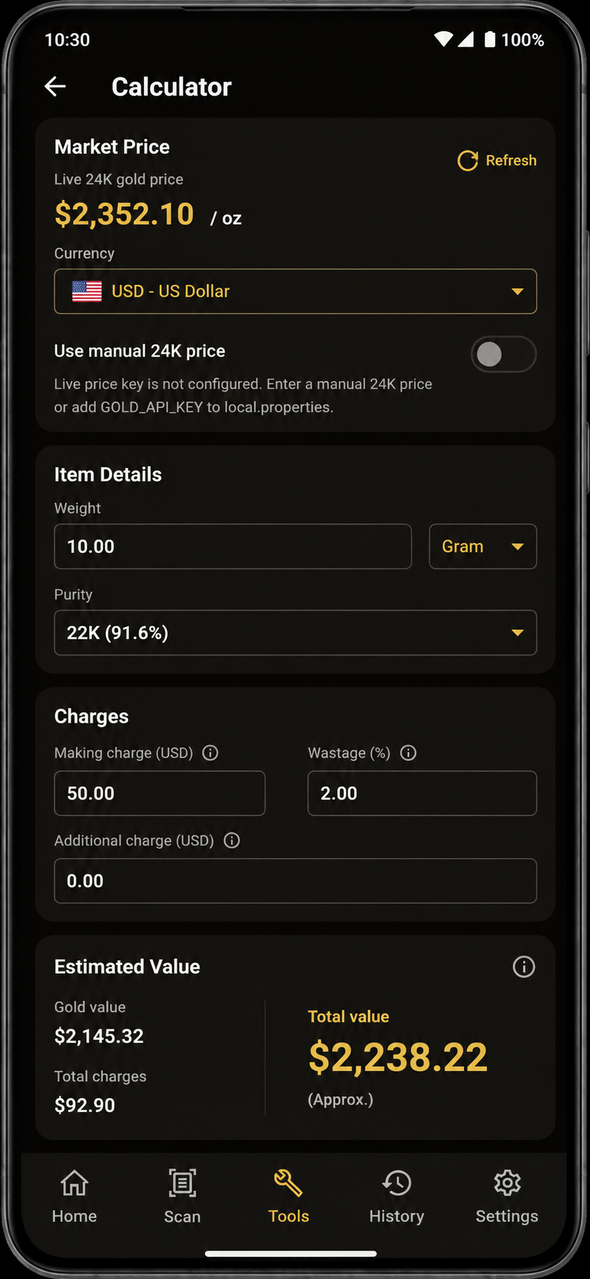 Gold calculator screen